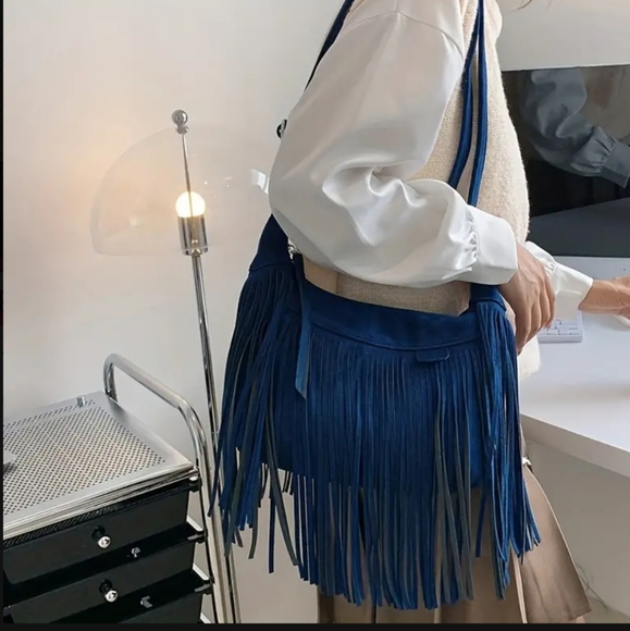 poncrafts Handbags - Fringe Suede Crossbody Bag Deep Blue